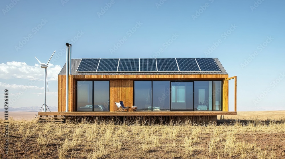 Modern, eco-friendly cabin with solar panels and wind turbine. Modern, eco-friendly cabin with solar panels and wind turbine.
