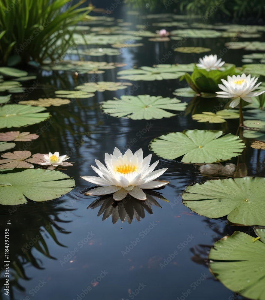 Water lily with white orchid flower on pond surface, peaceful, reflections, lily Water lily with white orchid flower on pond surface, peaceful, reflections, lily