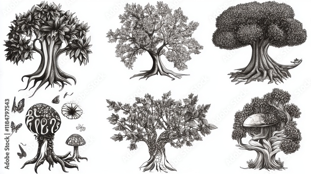Fototapeta premium Enchanted Forest Trees - Intricate Line Art Illustrations