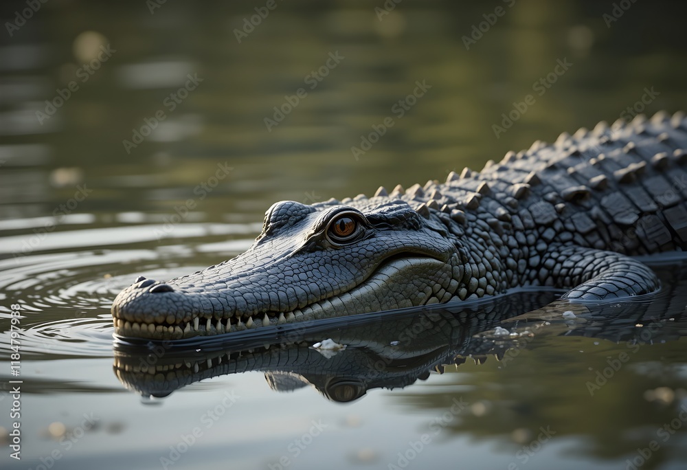 Crocodile partially submerged in a lake with soft water reflections Crocodile partially submerged in a lake with soft water reflections