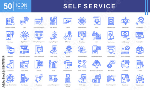 Self Service icon collection set. Containing automation, kiosk, convenience, digitalization, customer centric, user friendly, DIY icon. Simple vector illustration.