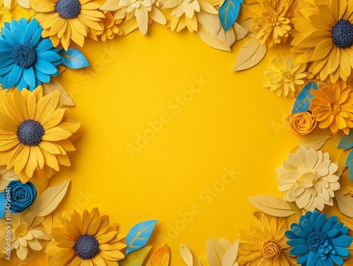 Yellow and Blue Paper Flowers Frame Background