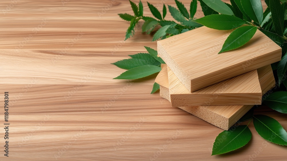 Stacked wooden planks rest on a smooth wooden surface, complemented by vibrant green leaves that add a touch of nature. setting is bright, showcasing the natural beauty of wood Stacked wooden planks rest on a smooth wooden surface, complemented by vibrant green leaves that add a touch of nature. setting is bright, showcasing the natural beauty of wood