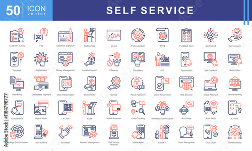 Self Service icon collection set. Containing automation, kiosk, convenience, digitalization, customer centric, user friendly, DIY icon. Simple vector illustration.