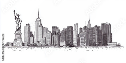 Cartoon doodle drawing of Manhattan, New York City, NYC in 3D black and white line hand drawn illustration of midtown skyscaper cityscape nyc with central park, brooklyn bridge background