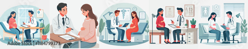 pregnant woman vector set Consultation with gynecologist