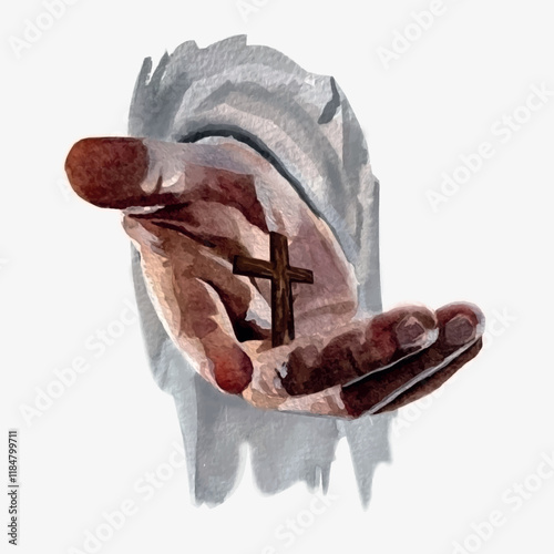 Vector freehand watercolor illustration of the hand of Jesus Christ isolated on a white background; minimalistic design for postcards. Catholic, Christian religious drawing for Easter. He is risen