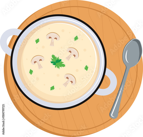 Cream of mushroom soup. A bowl of soup with champignon mushrooms and parsley. Vector illustration