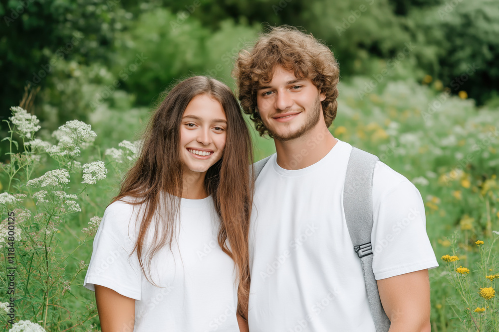 Young couple enjoys a sunny day together in a blooming meadow surrounded by greenery Young couple enjoys a sunny day together in a blooming meadow surrounded by greenery