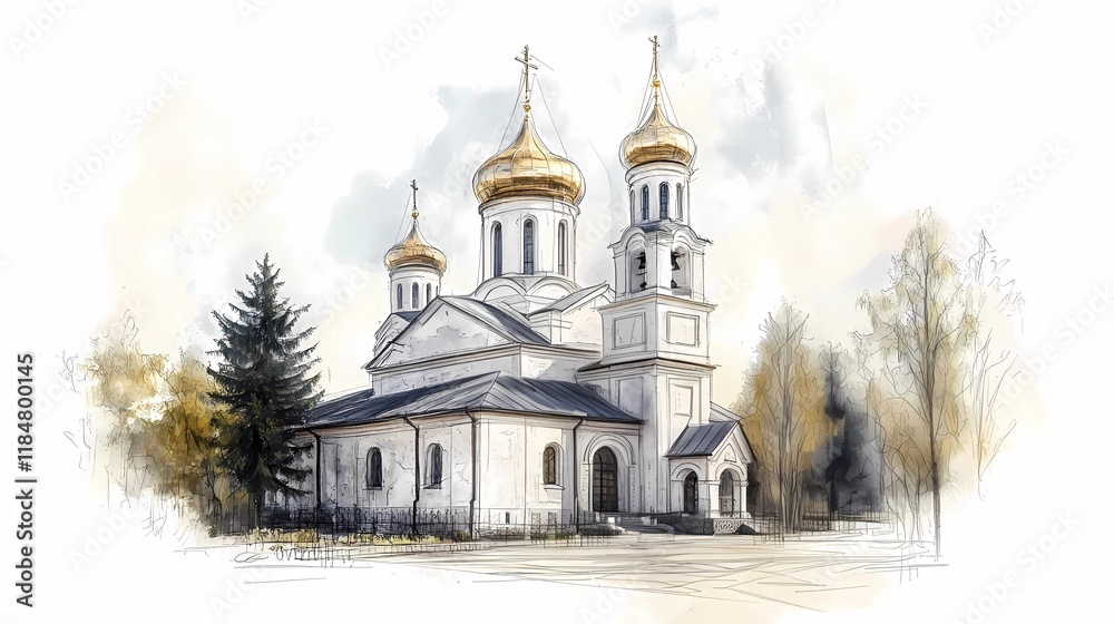 Traditional Orthodox church with intricate architecture and domes, creating a peaceful and inspiring visual, book illustration-inspired design Traditional Orthodox church with intricate architecture and domes, creating a peaceful and inspiring visual, book illustration-inspired design