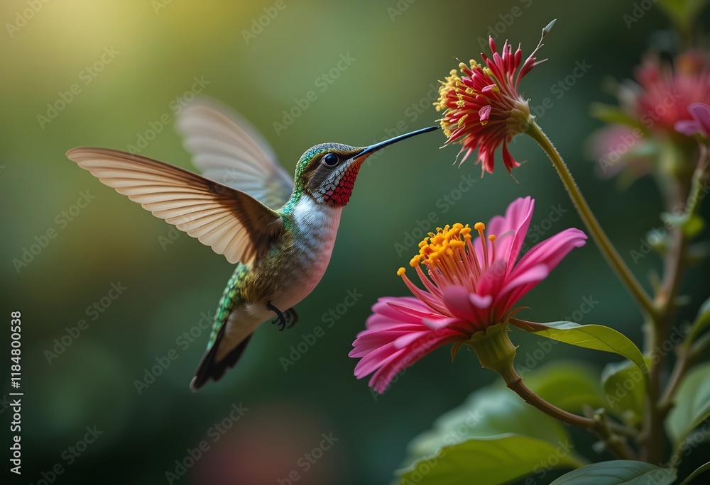 Fototapeta premium Hummingbird hovering in mid-air as it collects nectar from a vibrant flower