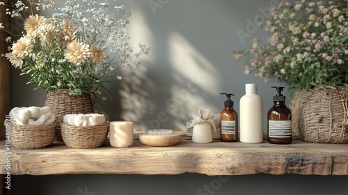 Wallpaper Mural Rustic wooden shelf with skincare products, flowers, and towels. Torontodigital.ca