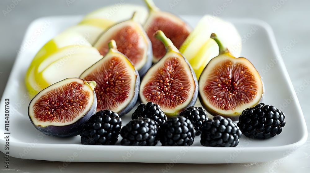 A clean, minimalistic white plate showcasing halved figs, blackberries and apple slices in an artistic layout