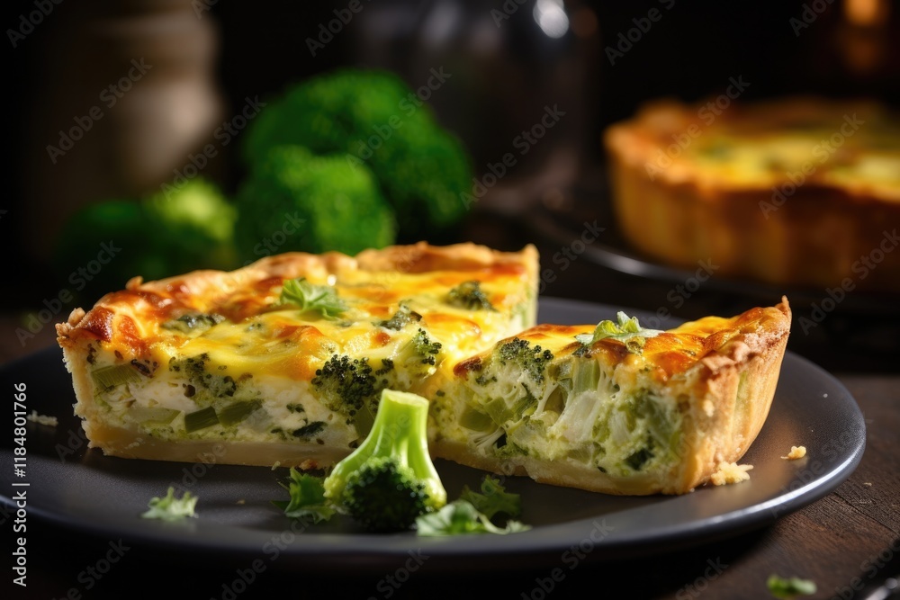 Closeup of Baked Broccoli Quiche with Cheese on Crust. Tasty Delicacy for Backgrounds, Bakeries, and Cookery Closeup of Baked Broccoli Quiche with Cheese on Crust. Tasty Delicacy for Backgrounds, Bakeries, and Cookery
