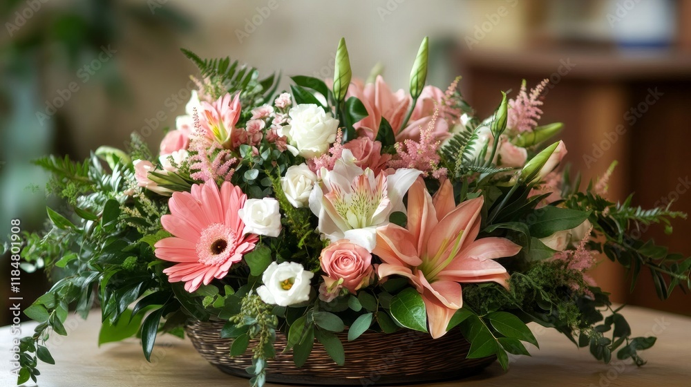Vibrant flower bouquet arranged on a coffee table in a cozy room Vibrant flower bouquet arranged on a coffee table in a cozy room