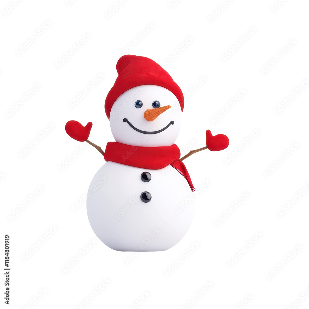 A cheerful snowman with red hat and scarf, featuring carrot nose and button eyes, stands with open arms. snowman is adorned with red mittens, creating festive and joyful winter scene A cheerful snowman with red hat and scarf, featuring carrot nose and button eyes, stands with open arms. snowman is adorned with red mittens, creating festive and joyful winter scene