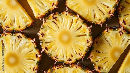 A closeup of pineapple slices arranged in a circular pattern, emphasizing their golden yellow tones and spiked edges photo