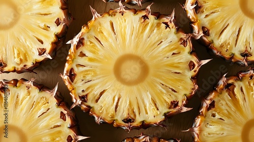 A closeup of pineapple slices arranged in a circular pattern, emphasizing their golden yellow tones and spiked edges photo