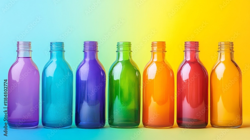 Small bottles of food coloring arranged on a rainbow-colored backdrop