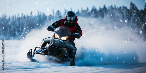Wallpaper Mural In deep snowdrift snowmobile rider driving fast. Riding with fun in white snow powder during backcountry tour. Extreme sport adventure, outdoor activity during winter holiday on ski mountain resort. Torontodigital.ca