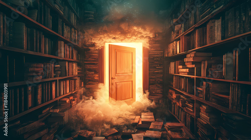 Vintage setting library book room with a door escaping portal. generative ai. Dewlight. Illustration
