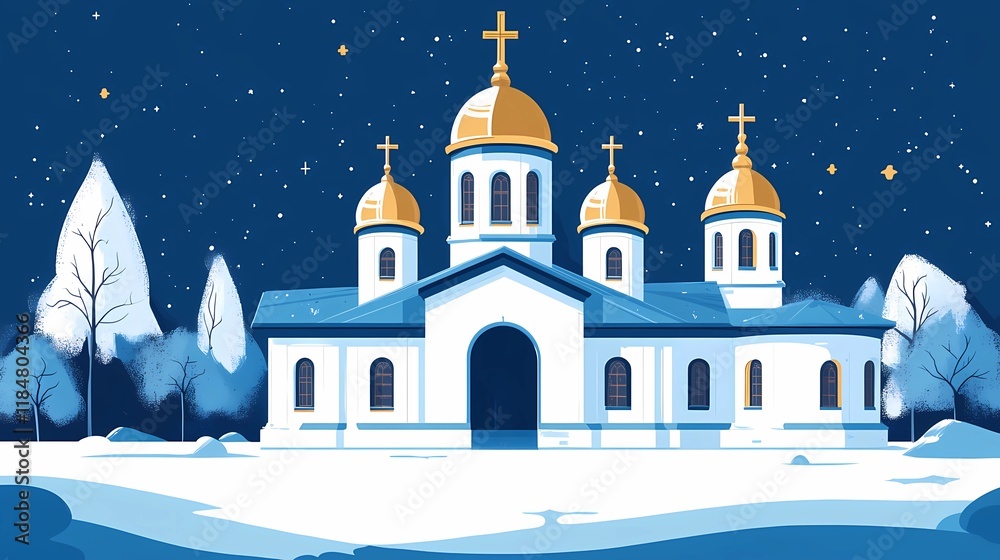 Fototapeta premium Traditional Orthodox church with intricate architecture and domes, creating a peaceful and inspiring visual, book illustration-inspired design
