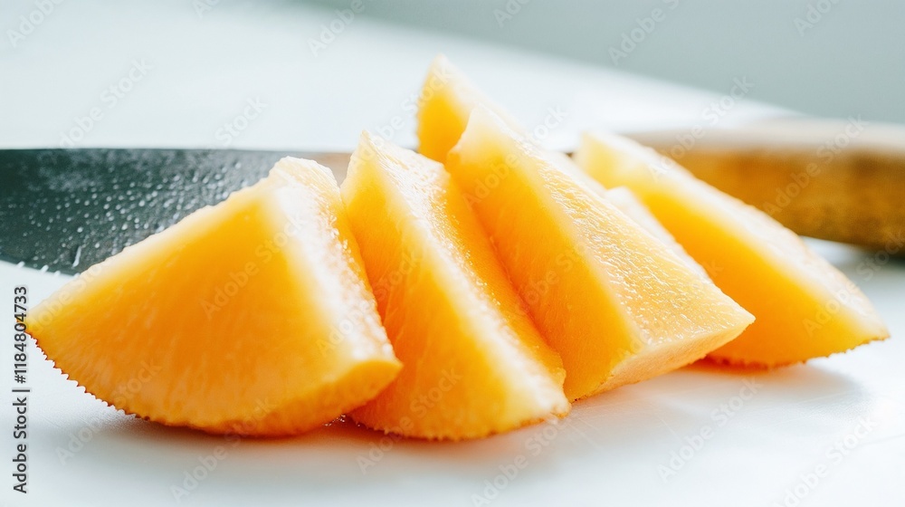 Fresh melon slices with a knife. Juicy and refreshing food concept. Fresh melon slices with a knife. Juicy and refreshing food concept.