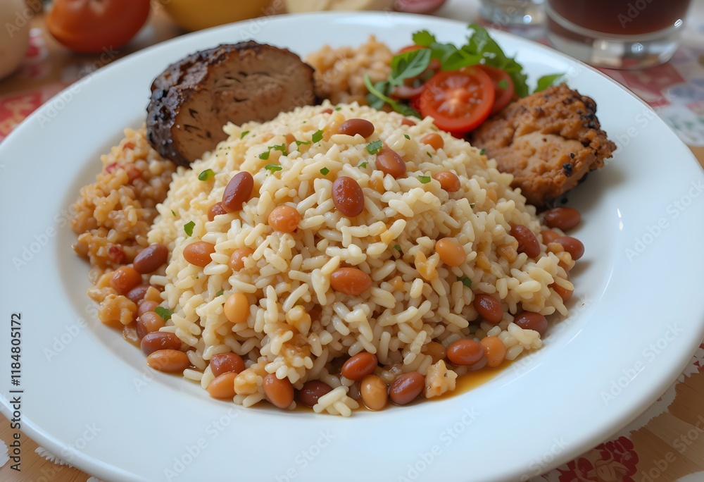 Fluffy rice with seasoned beans, served with roast beef and tomato salad Fluffy rice with seasoned beans, served with roast beef and tomato salad