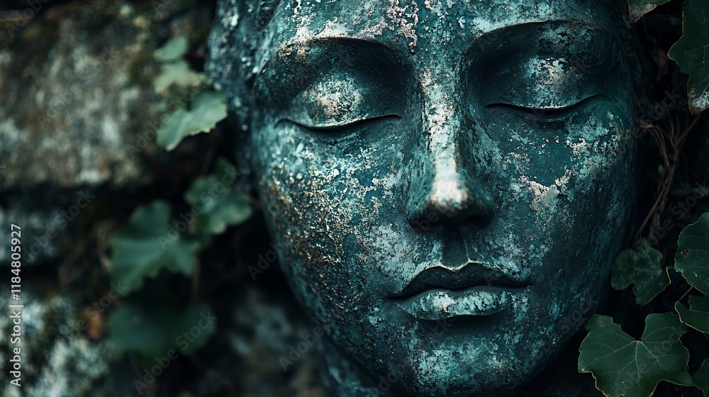 Serene bronze female face sculpture embedded in a stone wall, surrounded by ivy. Serene bronze female face sculpture embedded in a stone wall, surrounded by ivy.