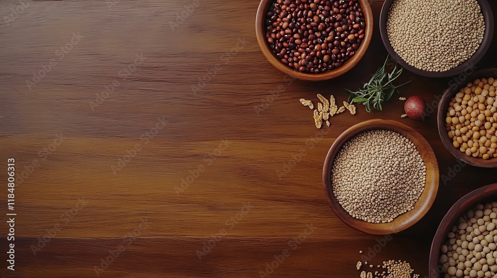 A flat lay of various legumes and cereals spread across a wooden table A flat lay of various legumes and cereals spread across a wooden table