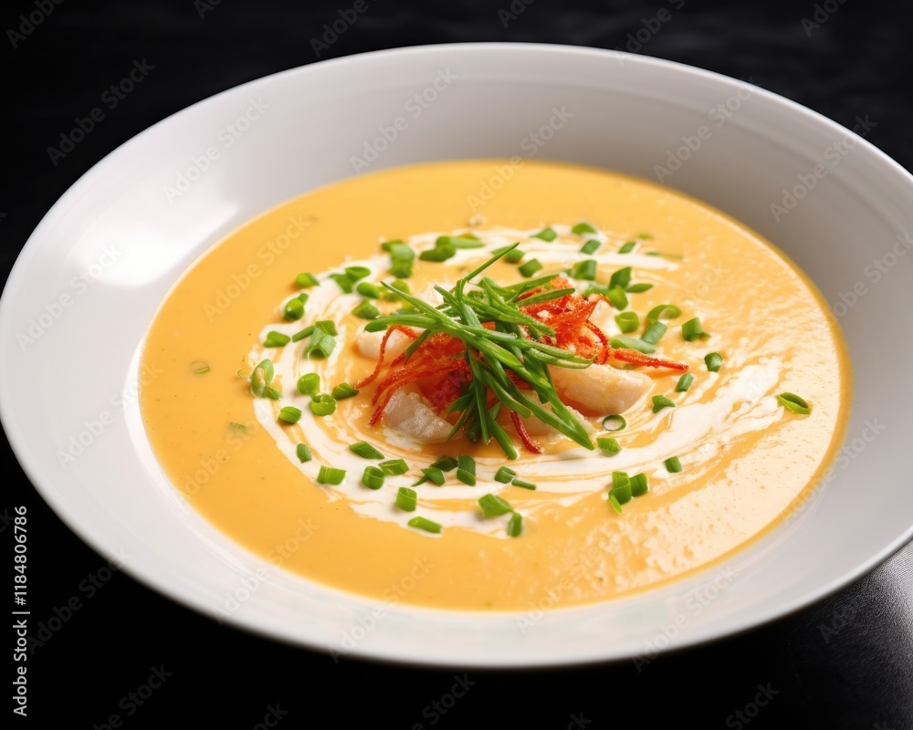Creamy Crab Bisque Soup with Lobster and Green Onion. French-inspired recipe with a blend of fresh herbs. Perfect for a hot and cozy meal Creamy Crab Bisque Soup with Lobster and Green Onion. French-inspired recipe with a blend of fresh herbs. Perfect for a hot and cozy meal