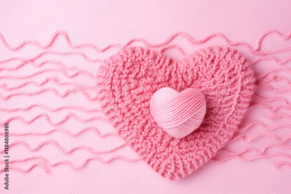 Fototapeta premium Crochet Heart on Pink Woolen Background. Threaded Craft of Nubes Yarn with Rustic and Pretty Sparkle Accents
