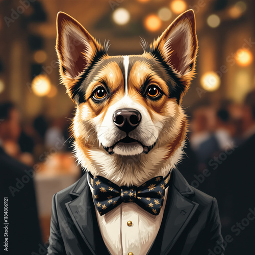 A classy vector design of a dog wearing a bow tie, attending a formal event, ideal for wedding, party, and sophisticated themes.