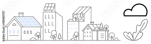 Houses and buildings with solar panels, surrounded by trees and bushes, with a stylized cloud and leaf. Ideal for sustainability, renewable energy, modern living, eco-awareness, urban planning, green