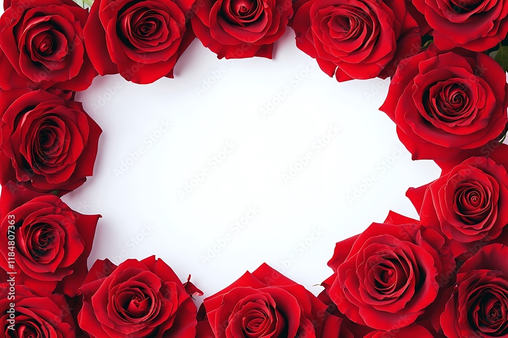 Overhead image of a red rose frame, each rose carefully spaced to create a uniform border around a white central space. Overhead image of a red rose frame, each rose carefully spaced to create a uniform border around a white central space.