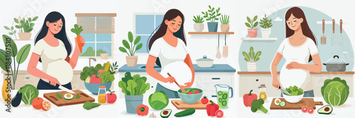 Pregnant woman vector set Preparing healthy food