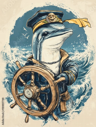 Dolphin dressed as ship captain steering with a wheel in the ocean waves. Generative AI photo