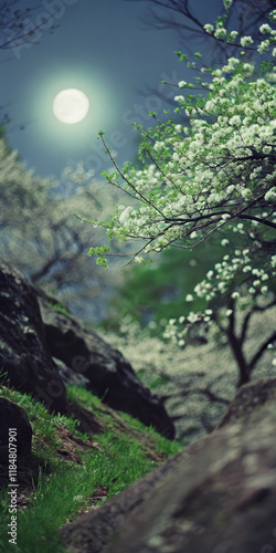 Tranquil Night Blossoming Trees Under Full Moon in Serene Landscape