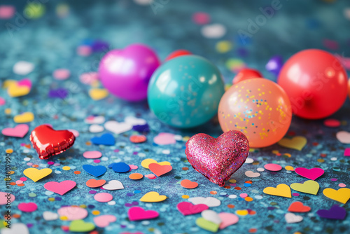 Colorful confetti with hearts and balloons creates a joyful atmosphere for celebrations or parties