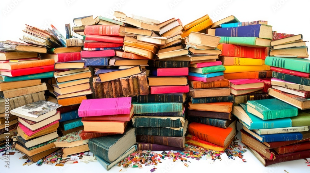 A stack of bright, colorful books arranged against a white background