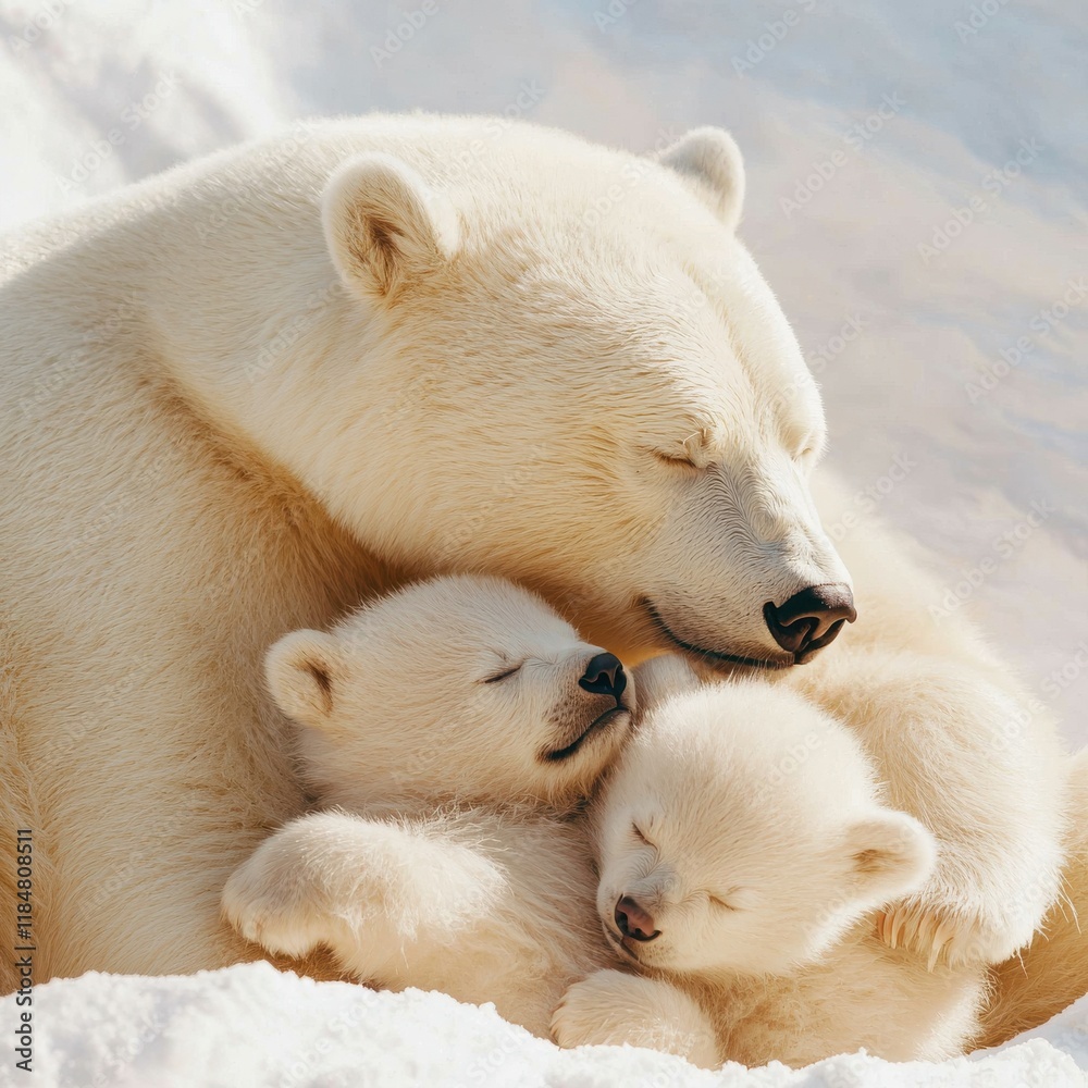 Polar bear mother and cubs sleeping together arctic wildlife soft light close-up family bonding Polar bear mother and cubs sleeping together arctic wildlife soft light close-up family bonding