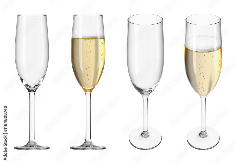 Glass flute with champagne on transparent isolated background. Set of empty glasses and with drink in different angles. Bar theme. 3d rendering. Glass flute with champagne on transparent isolated background. Set of empty glasses and with drink in different angles. Bar theme. 3d rendering.