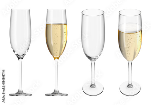 Glass flute with champagne on transparent isolated background. Set of empty glasses and with drink in different angles. Bar theme. 3d rendering.