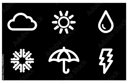 Weather icons, cloud, sun, raindrop, snowflake, umbrella, lightning bolt, graphic symbols, clean lines, vector style, weather forecast,  minimalist design, black and white, high contrast, simple shape