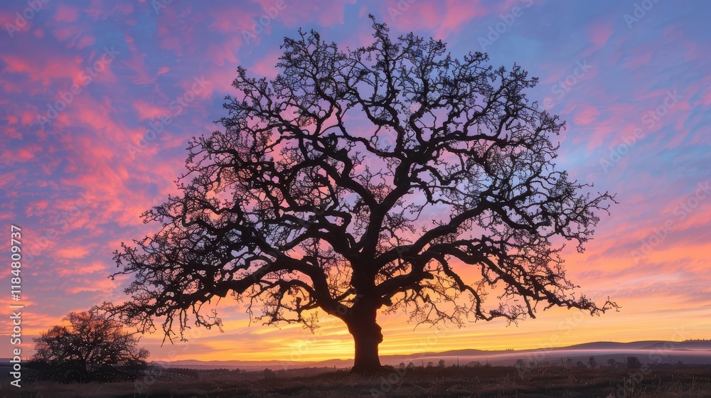 A silhouette of a large tree against a vibrant sunset sky filled with colorful clouds. A silhouette of a large tree against a vibrant sunset sky filled with colorful clouds.