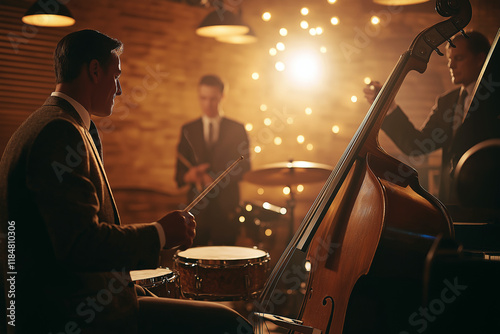 Talented jazz band performing live in a dimly lit lounge bar, soft warm light on instruments and musicians, double bass, piano, and drums in sync.