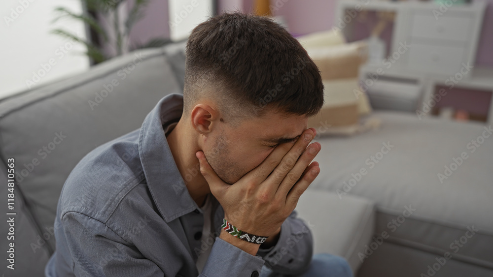 Young man stressed at home sitting on a sofa with hands covering face in a modern living room interior capturing a moment of deep thought and emotion. Young man stressed at home sitting on a sofa with hands covering face in a modern living room interior capturing a moment of deep thought and emotion.