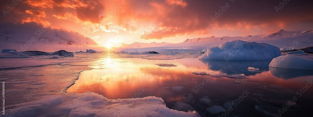Fototapeta premium A stunning shot of a high-altitude glacier lagoon with reflective icebergs and a rare, vivid solar flare casting dramatic light patterns across the frozen water, Glacier lagoon scene