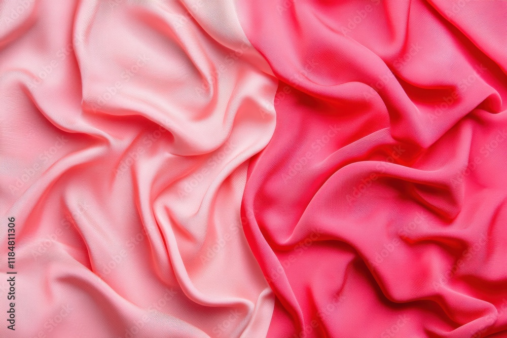 Fototapeta premium Close up view of pink and red satin fabric creating elegant wave like folds and textures