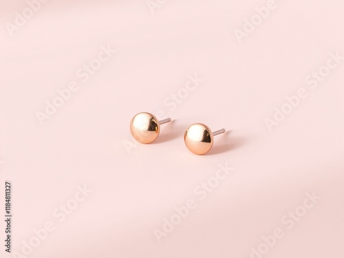 Simple rose gold stud earrings displayed on a smooth, pale pink background with subtle, soft shadows photo